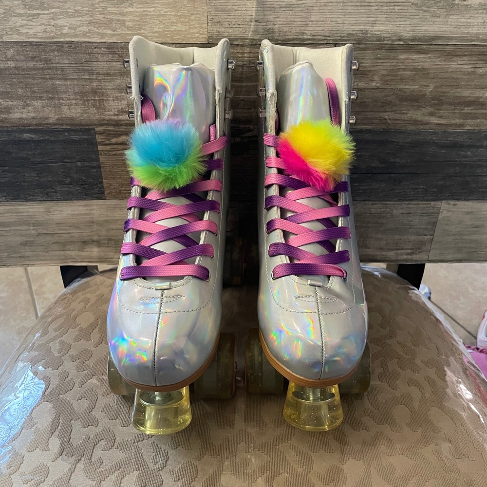 Cosmic Skates Archie-30 Holographic Silver Quad Roller Skates Womens 11 Purple